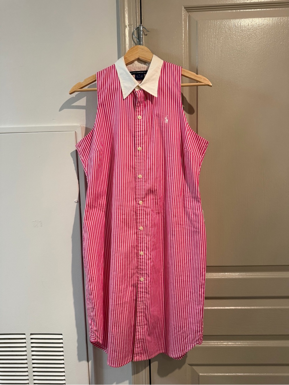 Ralph Lauren Pink & White Striped Sleeveless Button-Down Collared Shirt Dress